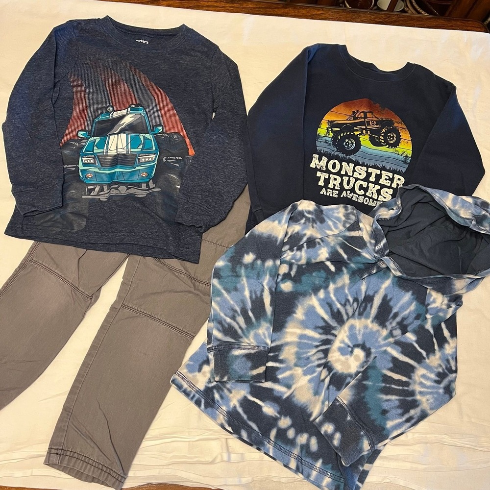 4t Boys Clothing Lot: Monster Truck Shirts, Tie-Dye Hoodie, and Pants (2545)